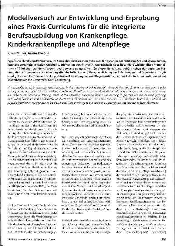 Vorschauseite 1: Modellversuch zur Entwicklung und Erprobung eines Praxis-Curriculums für die integrierte Berufsausbildung von Krankenpflege, Kinderkrankenpflege und Altenpflege