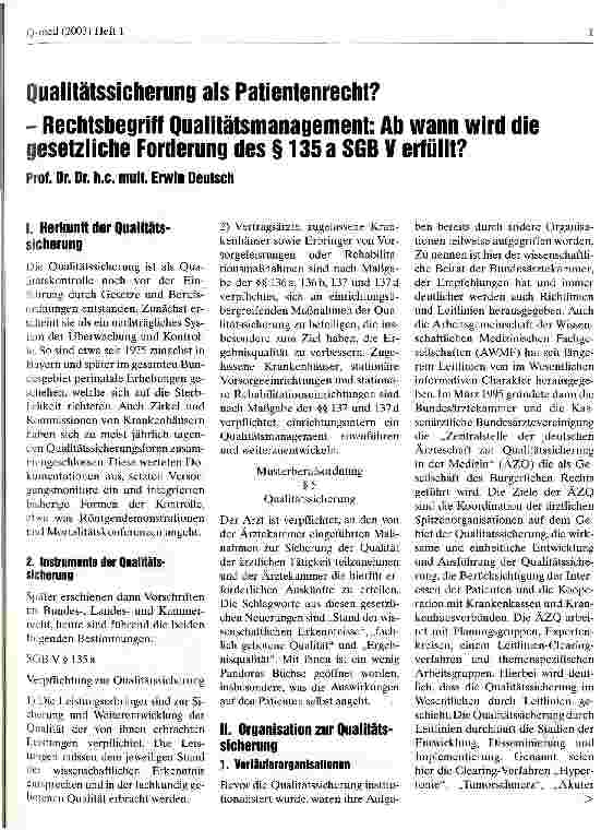 Vorschauseite 1: Qualitätssicherung als Patientenrecht? Rechtsbegriff Qualitätsmanagement: Ab wann wird die gesetzliche Forderung des § 135 a SGB V erfüllt?