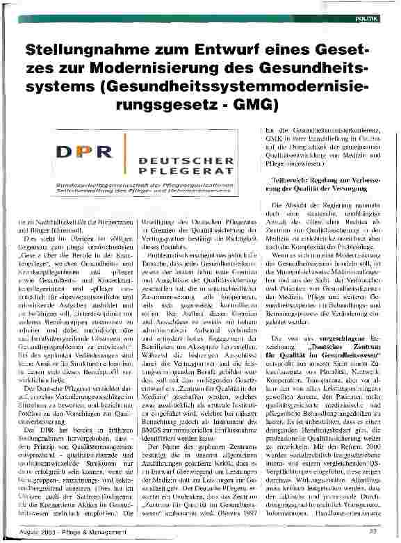Vorschauseite 1: Stellungnahme zum Entwurf eines Gesetzes zur Modernisierung des Gesundheitssystems Gesundheitsmodernisierungsgesetz - GMG