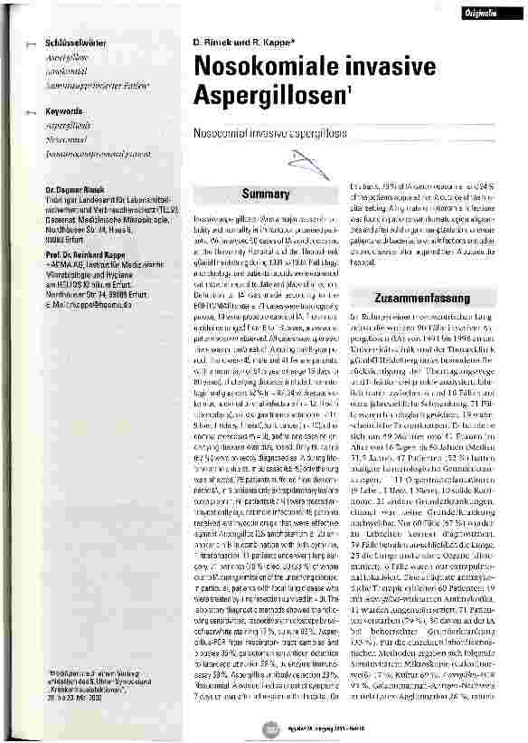 Vorschauseite 1: Nosokomiale invasive Aspergillosen