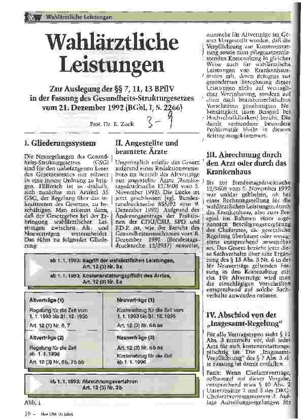 Vorschauseite 1: Wahlärztliche Leistungen - Zur Auslegung der §§7,11,13 BPflV in der Fassung des Gesundheitsstrukturgesetzes vom 21.12.1992