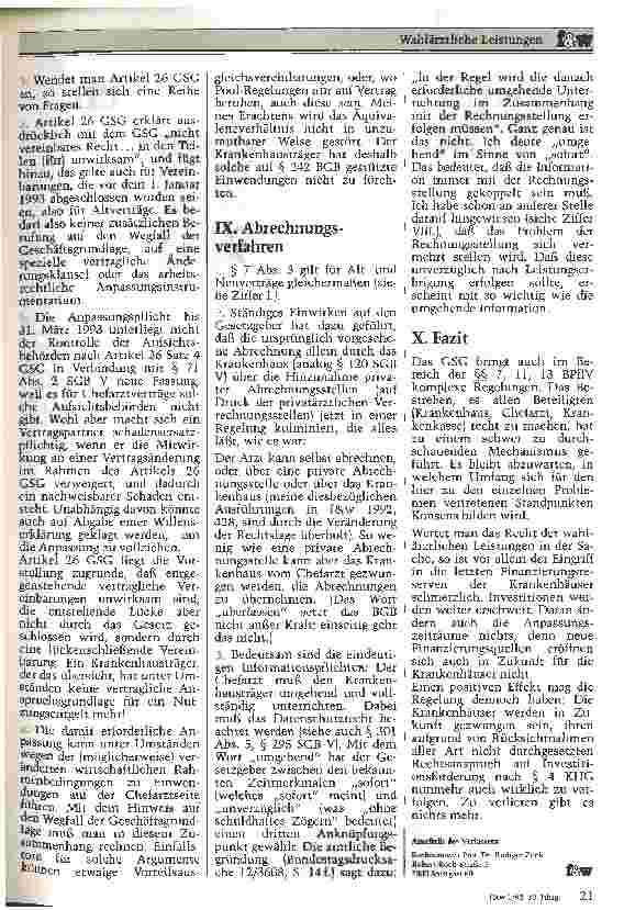 Vorschauseite 5: Wahlärztliche Leistungen - Zur Auslegung der §§7,11,13 BPflV in der Fassung des Gesundheitsstrukturgesetzes vom 21.12.1992