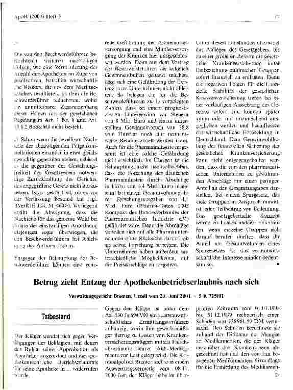 Vorschauseite 1: Betrug zieht Entzug der Apothekenbetriebserlaubnis nach sich Verwaltungsgericht Bremen, Urteil vom 20. Juni 2001