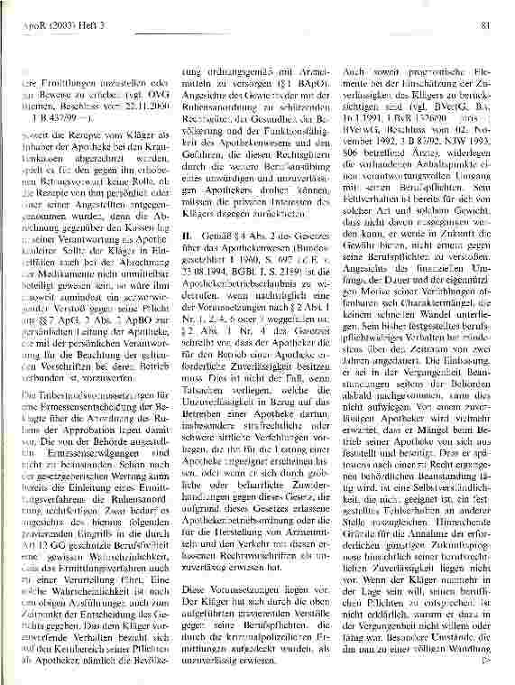 Vorschauseite 5: Betrug zieht Entzug der Apothekenbetriebserlaubnis nach sich Verwaltungsgericht Bremen, Urteil vom 20. Juni 2001