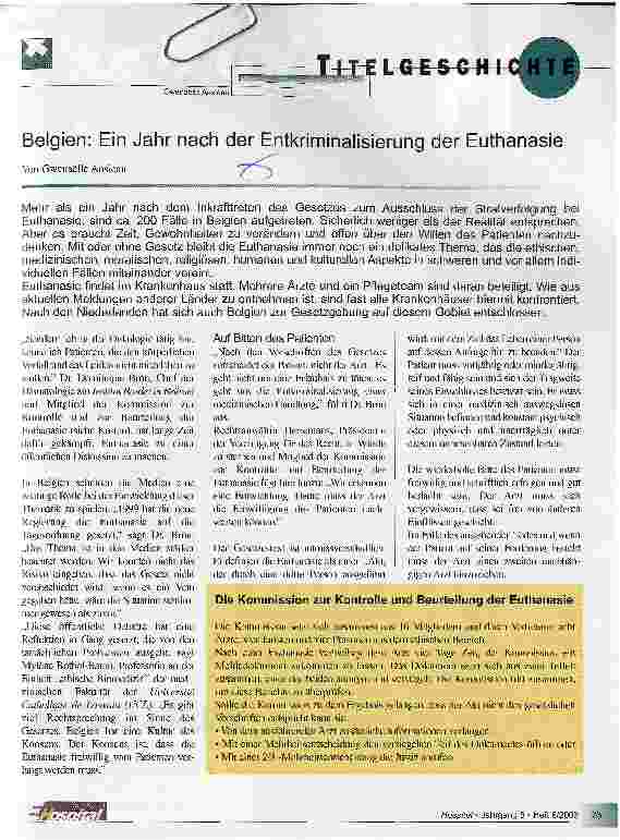 Vorschauseite 1: Belgien: Ein Jahr nach der Entkriminalisierung der Euthanasie