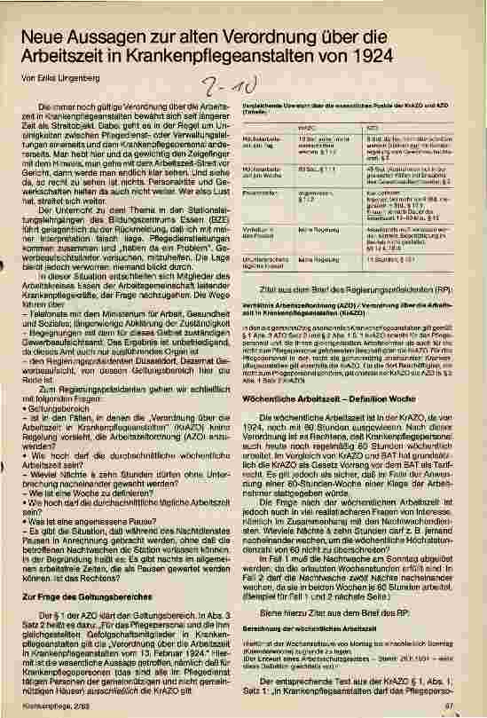 Vorschauseite 1: Neue Aussagen zur alten Verordnung über die Arbeitszeit in Krankenpflegeanstalten von 1924