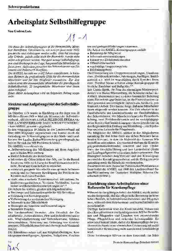 Vorschauseite 1: Arbeitsplatz Selbsthilfegruppe (SHG) Referentin für Krankenpflege