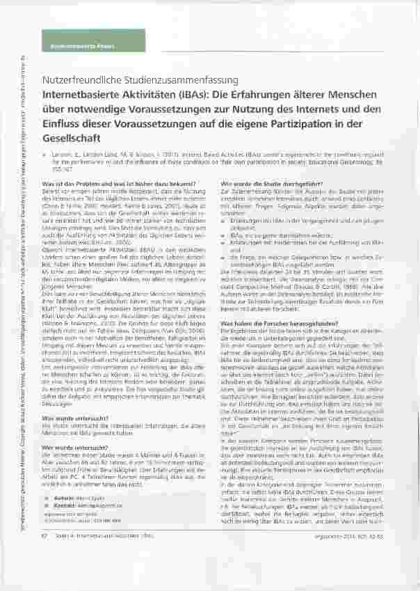 Vorschauseite 1: Nutzerfreundliche StudienzusammenfassungInternetbasierte Aktivitäten (IBAs): Die Erfahrungen älterer Menschen über notwendige Voraussetzungen zur Nutzung des Internets und den Ein…
