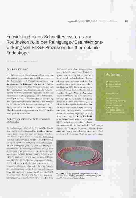 Vorschauseite 1: Entwicklung eines Schnelltestsystems zur Routinekontrolle der Reinigungs-/Desinfektionswirkung von RDG-E-Prozessen für thermolabile Endoskope