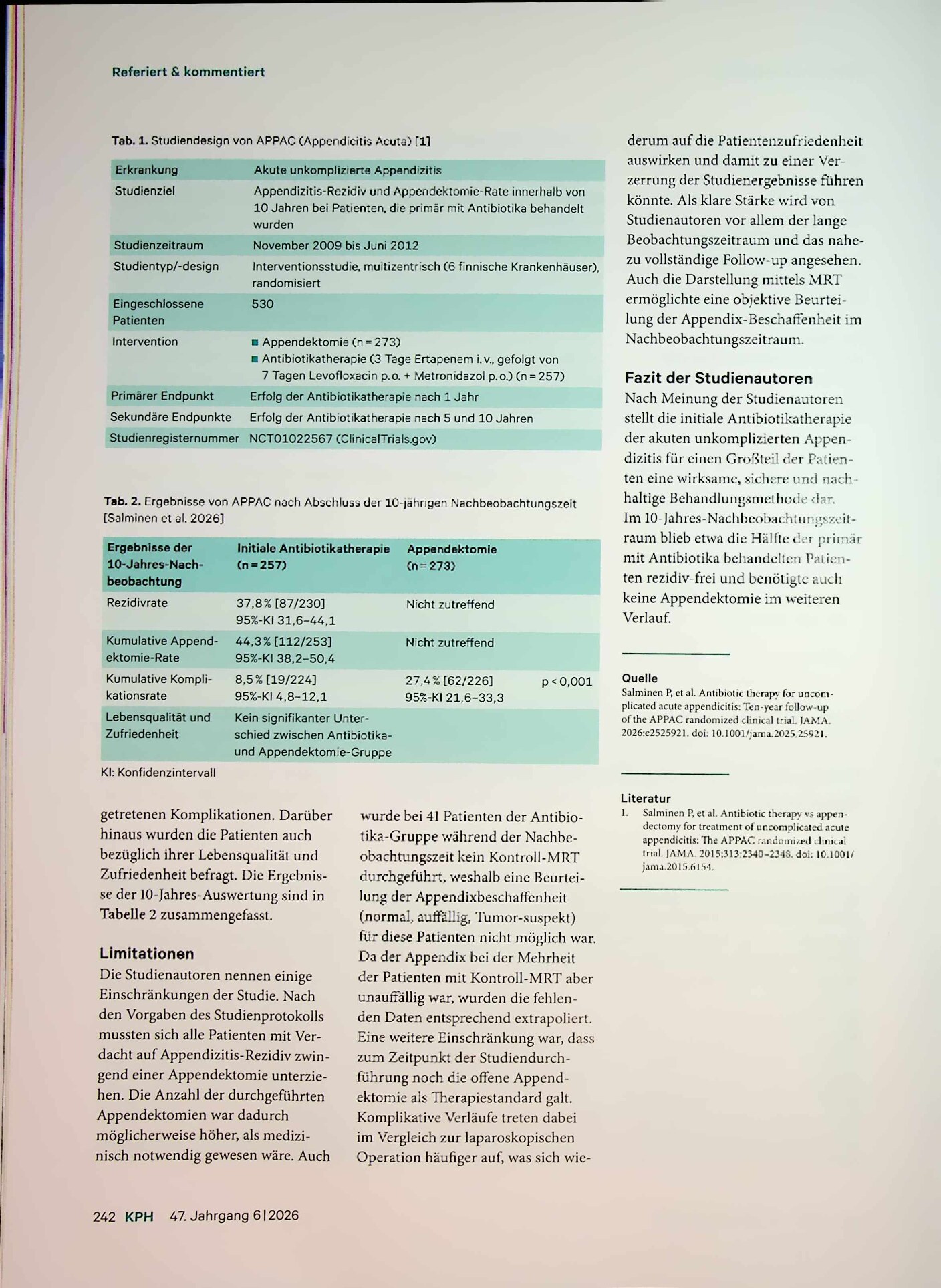 Vorschauseite 2: Unkomplizierte akute Appendizitis: Erfolg der Antibiotika-Therapie im 10-Jahres-Rückblick