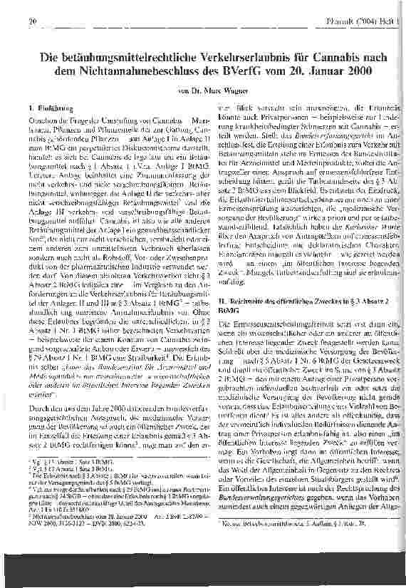 Vorschauseite 1: Die betäubungsmittelrechtliche Verkehrserlaubnis für Cannabis nach dem Nichtannahmebeschluss des BVerfG vom 20. Januar 2000