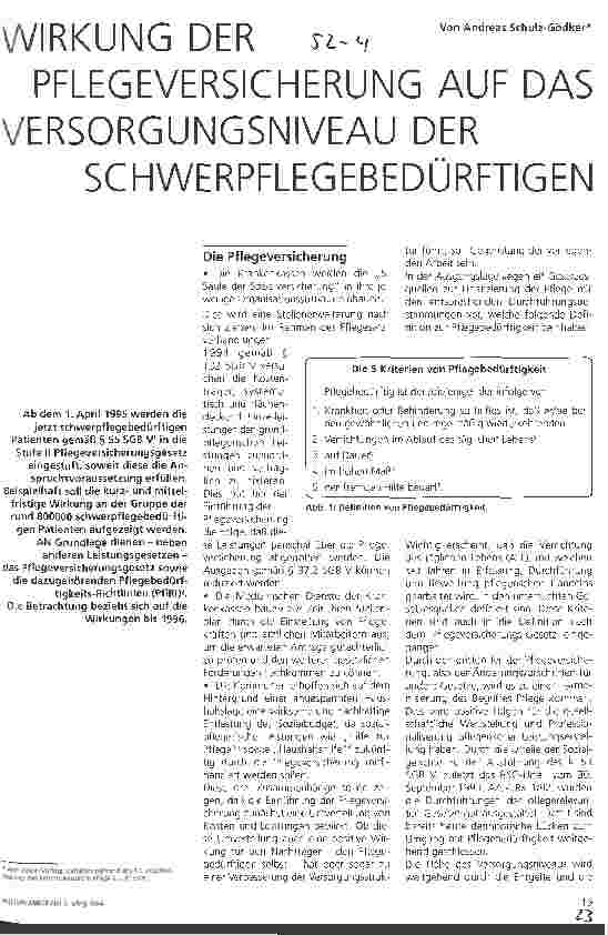 Vorschauseite 1: Wirkung der Pflegeversicherung auf das Versorgungsniveau der Schwerpflegebedürftigen