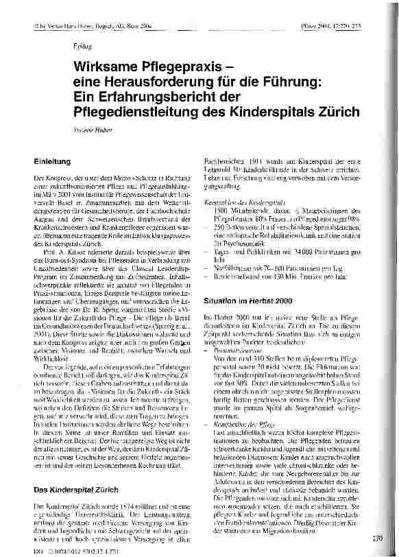 Vorschauseite 1: Wirksame Pflegepraxis -eine Herausforderung für die Führung: Ein Erfahrungsbericht der Pflegedienstleitung des Kinderspitals Zürich