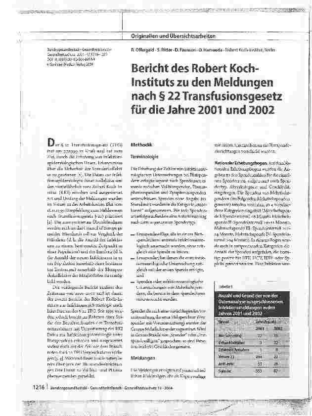 Vorschauseite 1: Bericht des Robert Koch-Instituts zu den Meldungen nach § 22 Transfusionsgesetz für die Jahre 2001 und 2002