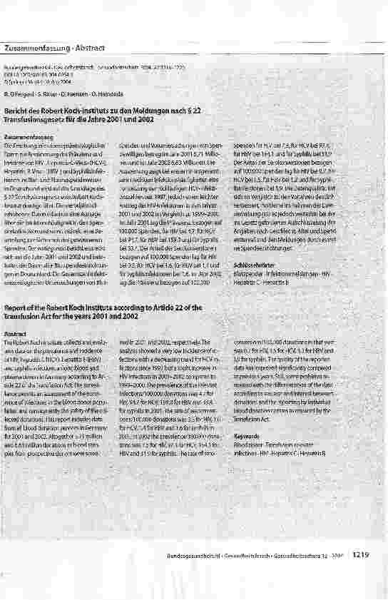 Vorschauseite 4: Bericht des Robert Koch-Instituts zu den Meldungen nach § 22 Transfusionsgesetz für die Jahre 2001 und 2002