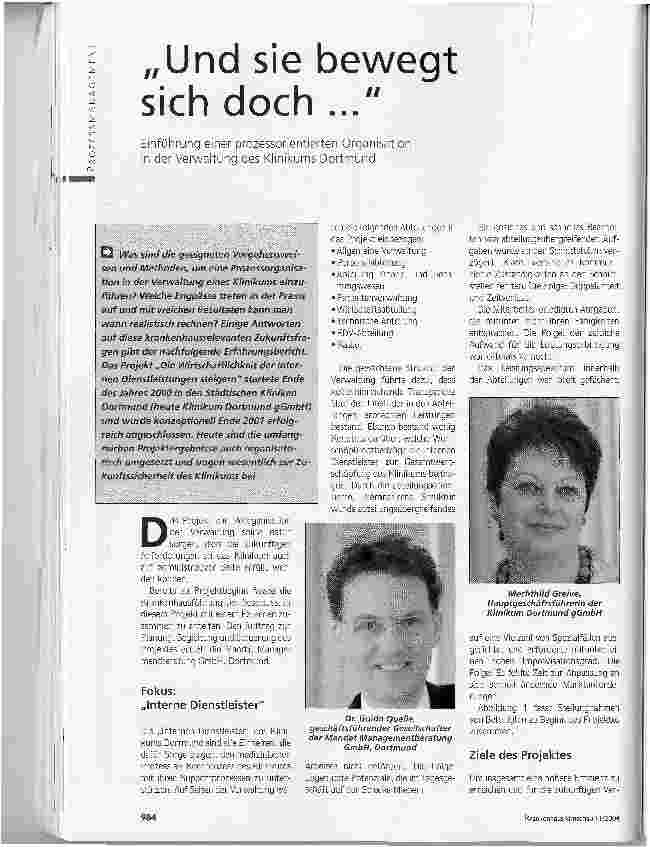 Vorschauseite 1: Und sie bewegt sich doch ... Einführung einer prozessorientierten Organisation in der Verwaltung des Klinikums Dortmund