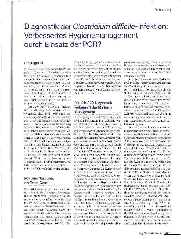 Vorschauseite 1: Diagnostik der Clostridium cf/ff/c/te-lnfektion: Verbessertes Hygienemanagement durch Einsatz der PCR?