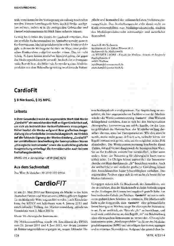 Vorschauseite 1: CardioFit §8MarkenG, §25MPG