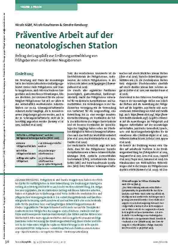 Vorschauseite 1: Präventive Arbeit auf der neonatologischen Station: Beitrag der Logopädie zur Ernährungsentwicklung von Frühgeborenen und kranken Neugeborenen