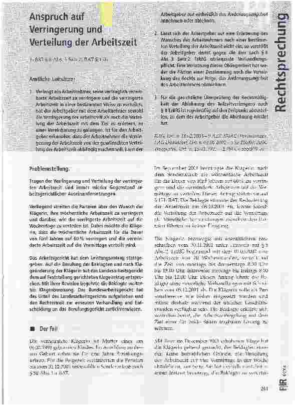 Vorschauseite 1: Anspruch auf Verringerung und Verteilung der Arbeitszeit