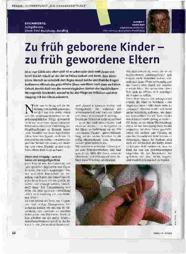 Vorschauseite 1: Zu früh geborene Kinder -zu früh gewordene Eltern
