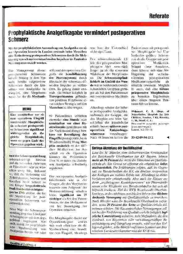 Vorschauseite 1: Prophylaktische Analgetikatherapie vermindert postoperativen Schmerz