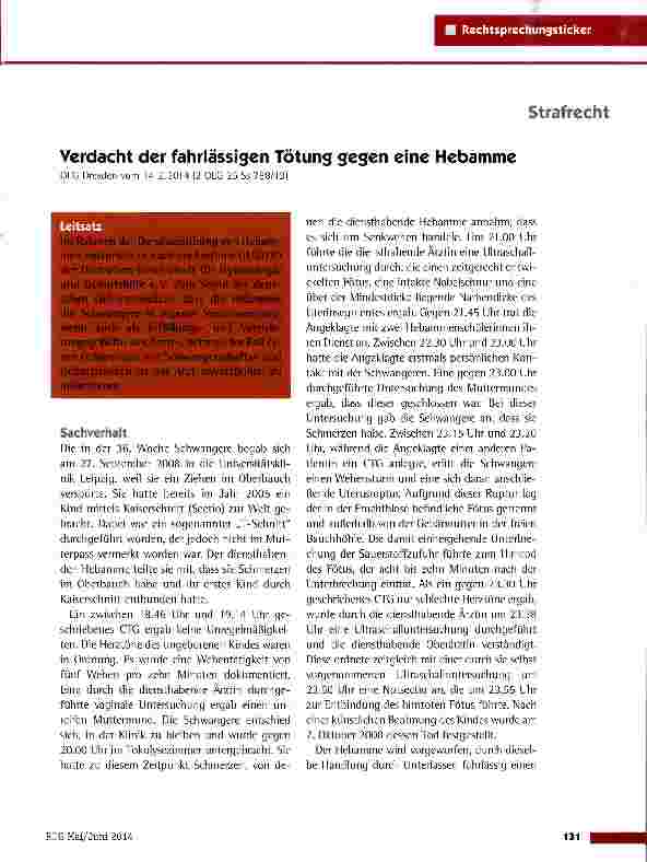 Vorschauseite 1: Verdacht der fahrlässigen Tötung gegen eine Hebamme OLG Dresden vom 14.2.2014(2 OLG 25 Ss 788/13)
