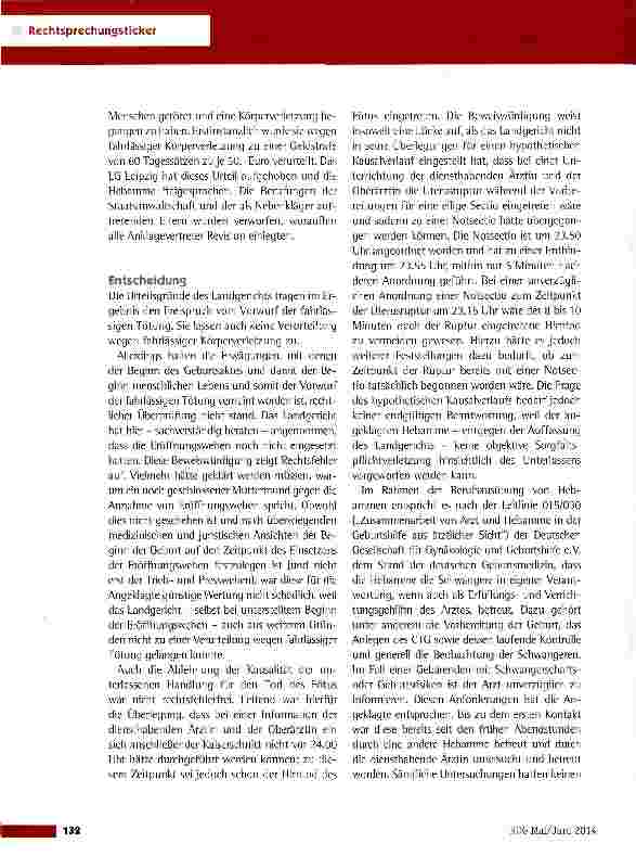 Vorschauseite 2: Verdacht der fahrlässigen Tötung gegen eine Hebamme OLG Dresden vom 14.2.2014(2 OLG 25 Ss 788/13)