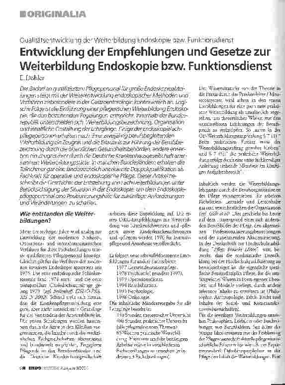 Vorschauseite 1: Entwicklung der Empfehlungen und Gesetze zur Weiterbildung Endoskopie bzw. Funktionsdienst