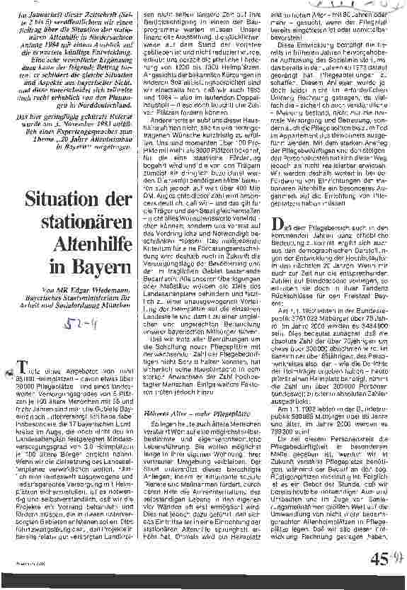 Vorschauseite 1: Situation der stationären Altenhilfe in Bayern
