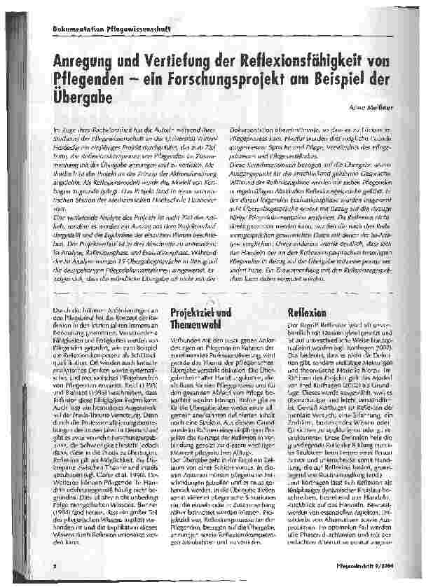 Vorschauseite 1: Anregung und Vertiefung der Reflexionsfähigkeit von Pflegenden - ein Forschungsprojekt am Beispiel der Übergabe