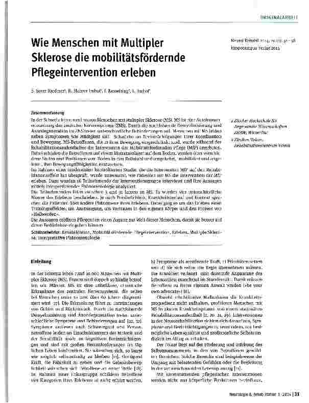Vorschauseite 1: Wie Menschen mit Multipler Sklerose die mobilitätsfördernde Pflegeintervention erleben