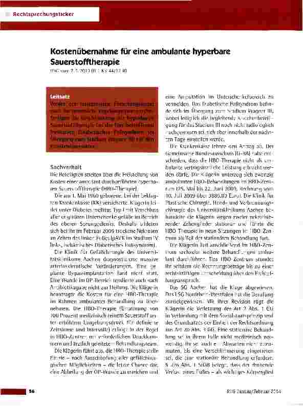 Vorschauseite 1: Kostenübernahme für eine ambulante hyperbare Sauerstofftherapie BSG vom 7.5.2013 (B 1 KR 44/12 R)