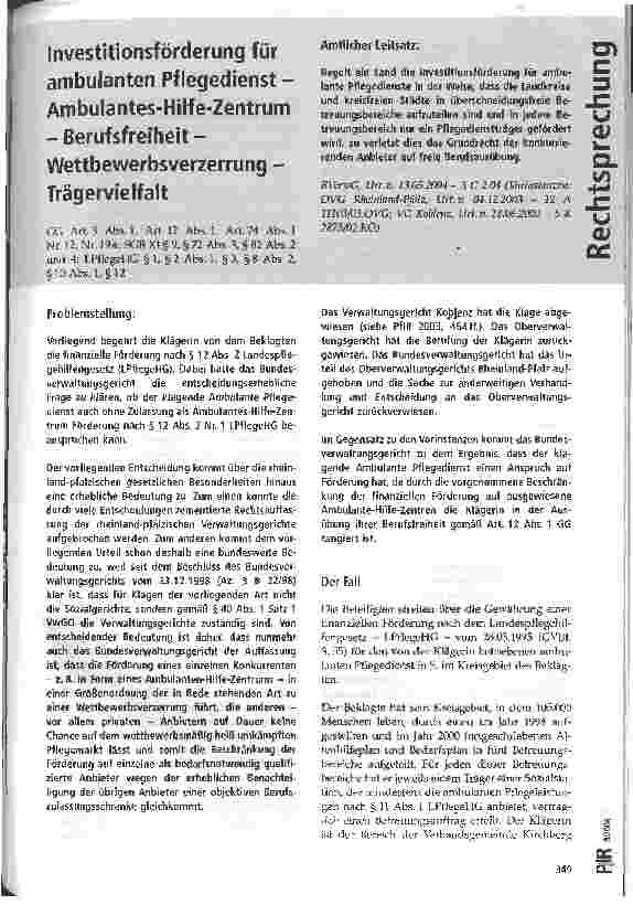 Vorschauseite 1: Investitionsförderung für ambulanten Pflegedienst -Ambulantes-Hilfe-Zentrum - Berufsfreiheit -Wettbewerbsverzerrung -Trägervielfalt