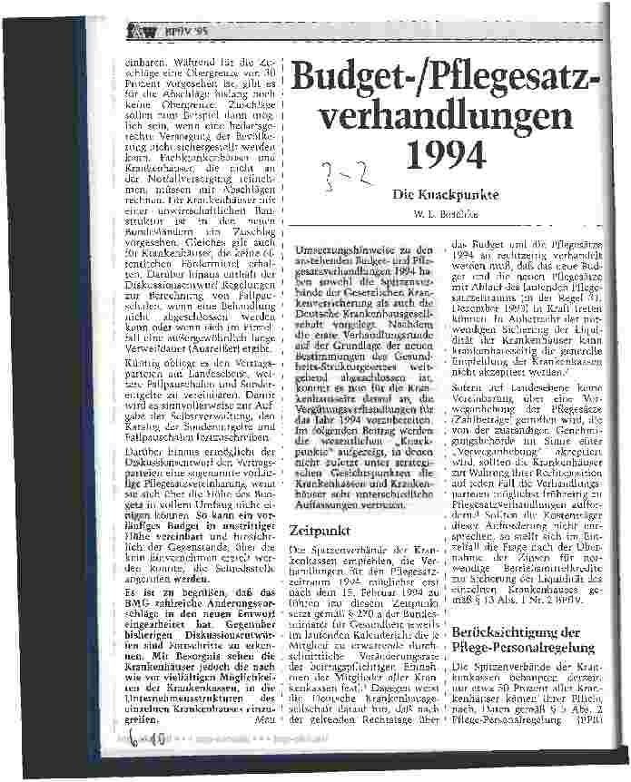 Vorschauseite 1: Budget-/Pflegesatzverhandlungen 1994 Die Knackpunkte