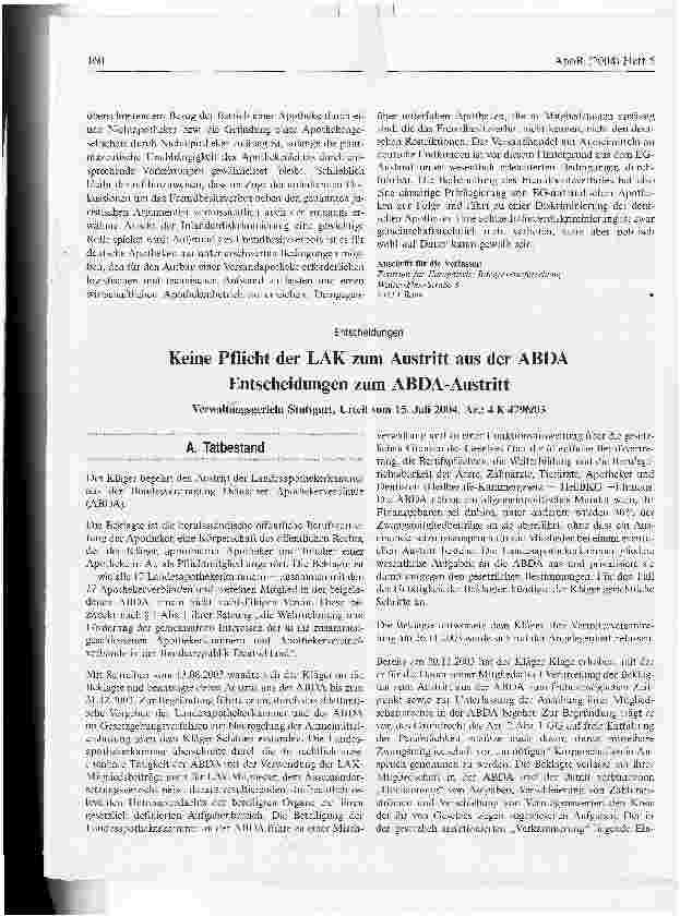 Vorschauseite 1: Keine Pflicht der LAK zum Austritt aus der ABDA Entscheidungen zum ABDA-Austritt
