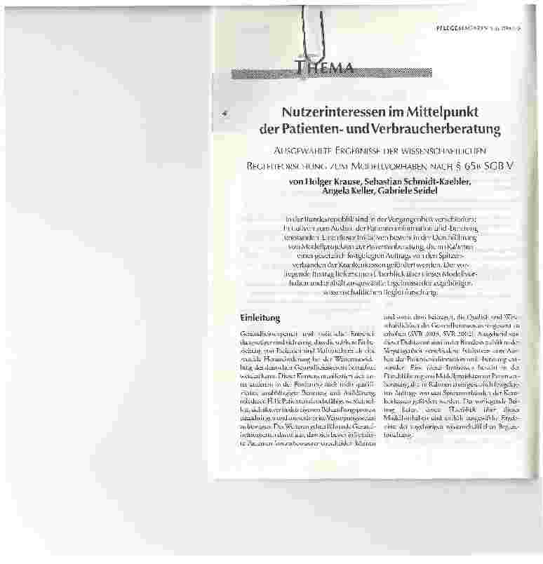 Vorschauseite 1: Nutzerinteressen im Mittelpunktder Patientenund VerbraucherberatungAUSGEWÄHLTE ERGEBNISSE DER WISSENSCHAFTLICHEN BEGLEITFORSCHUNG ZUM MODELLVORHABEN NACH § 65B SGB V