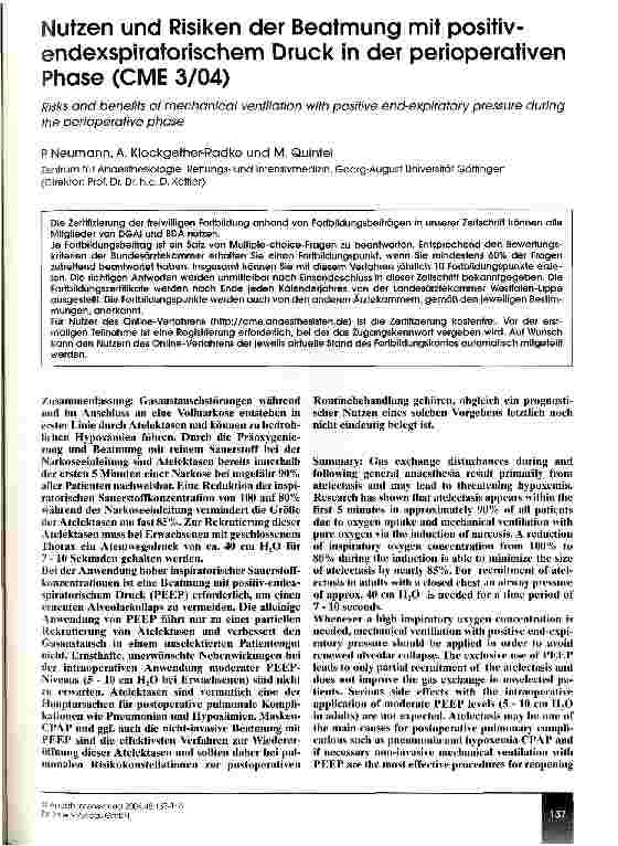 Vorschauseite 1: Nutzen und Risiken der Beatmung mit positiv-endexspiratorischem Druck in der perioperativen Phase (CME 3/04)