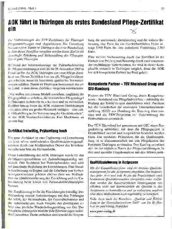 Vorschauseite 1: AOK führt in Thüringen als erstes Bundesland Pflege-Zertifikat ein