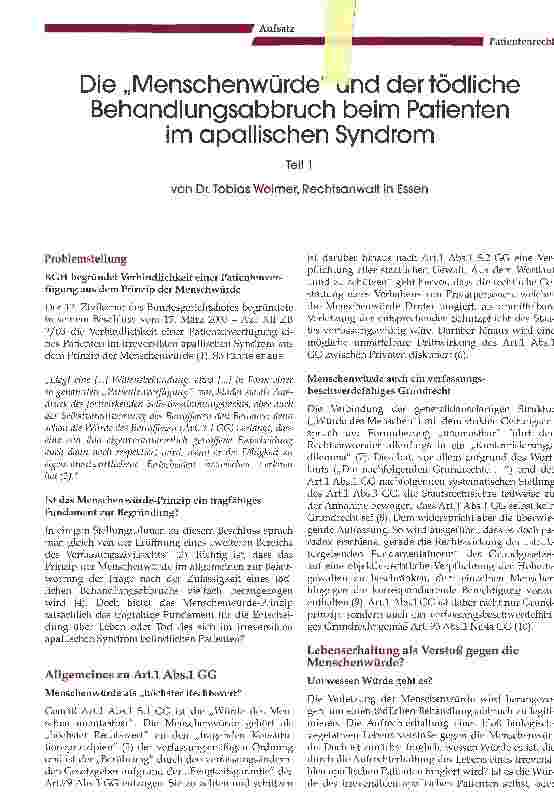 Vorschauseite 1: Die Menschenwürde und der tödliche Behandlungsabbruch beim Patienten im apallischen Syndrom