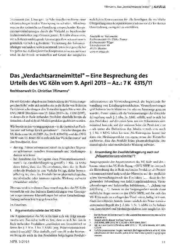 Vorschauseite 1: Das Verdachtsarzneimittel - Eine Besprechung des Urteils des VG Köln vom 9. April 2013 - Az.: 7 K 4315/11