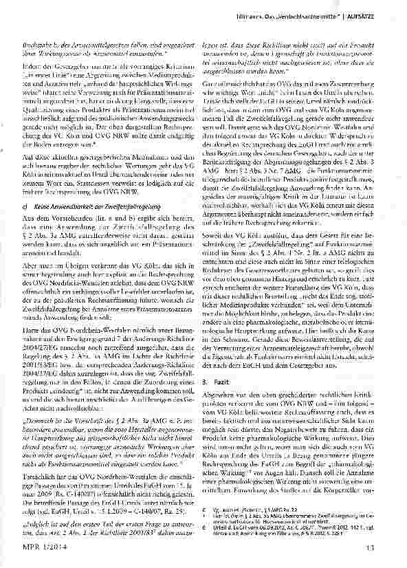 Vorschauseite 3: Das Verdachtsarzneimittel - Eine Besprechung des Urteils des VG Köln vom 9. April 2013 - Az.: 7 K 4315/11