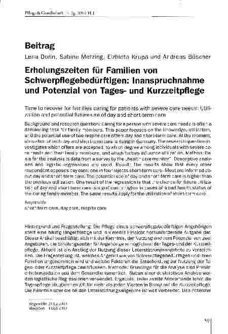 Vorschauseite 1: Erholungszeiten für Familien von Schwerpflegebedürftigen; Inanspruchnahme und Potenzial von Tagesund Kurzzeitpflege