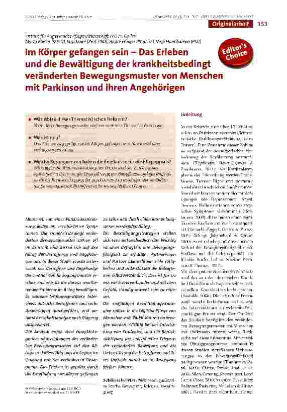 Vorschauseite 1: Im Körper gefangen sein - Das Erleben und die Bewältigung der krankheitsbedingt veränderten Bewegungsmuster von Menschen mit Parkinson und ihren Angehörigen