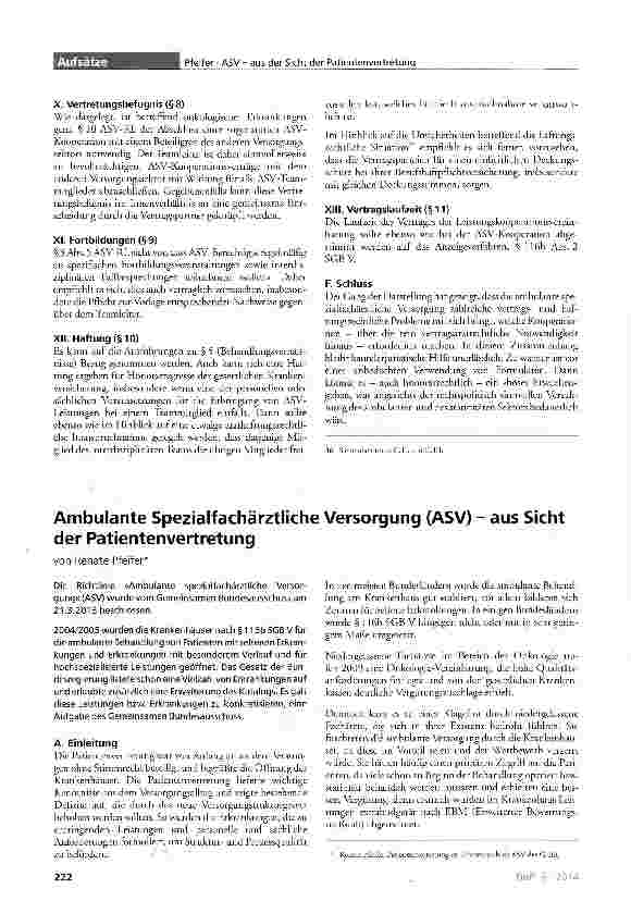 Vorschauseite 1: Ambulante Spezialfachärztliche Versorgung (ASV) - aus Sicht der Patientenvertretung