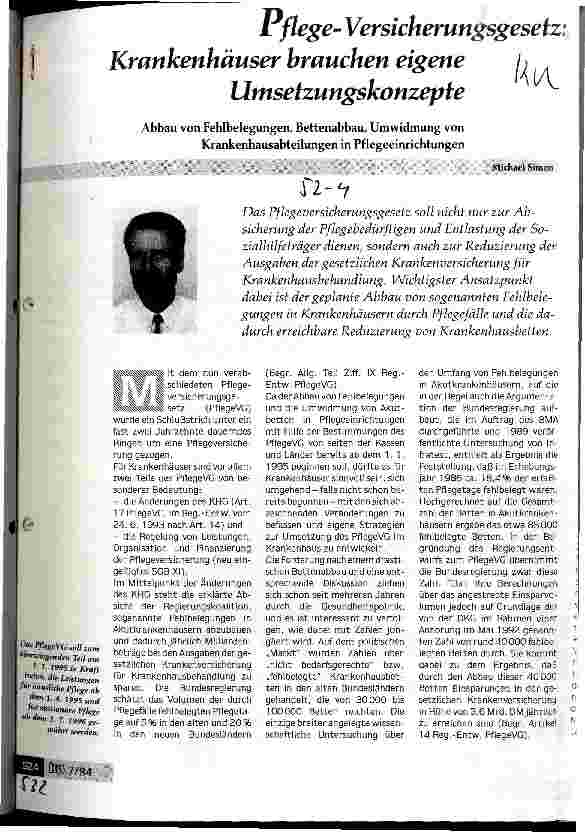 Vorschauseite 1: Pflege-Versicherungsgesetz: Krankenhäuser brauchen eigene Umsetzungskonzepte Abbau von Fehlbelegungen, Bettenabbau, Umwidmung v. KhAbt.