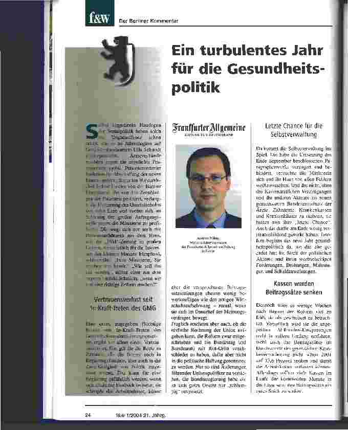 Vorschauseite 1: Ein turbulentes Jahr für die Gesundheitspolitik Der Berliner Kommentar