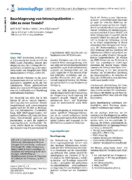 Vorschauseite 1: Bauchlagerung von Intensivpatienten - Gibt es neue Trends?
