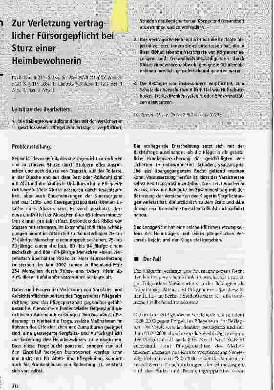 Vorschauseite 1: Zur Verletzung vertraglicher Fürsorgepflicht bei Sturz einer Heimbewohnerin