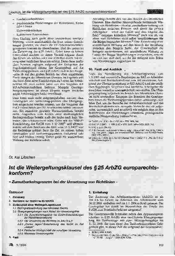 Vorschauseite 1: Ist die Weitergeltungsklausel des § 25 ArbZG europarechtskonform?